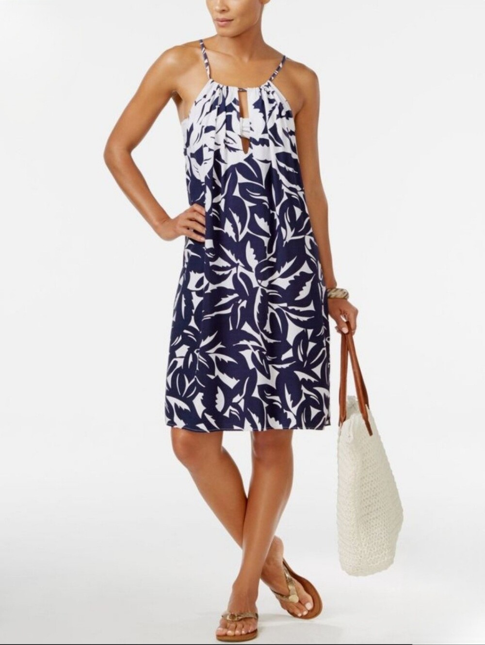 Tommy Bahama Navy and White Leaf-Print Halter Cover-Up